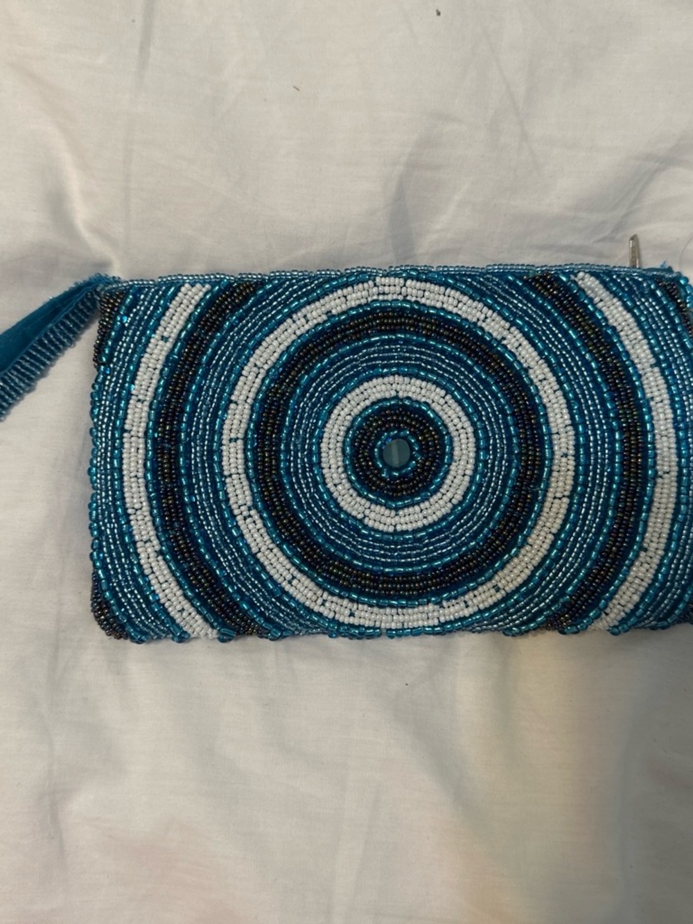 Turquoise Beaded Wristlet Clutch - Blue & White